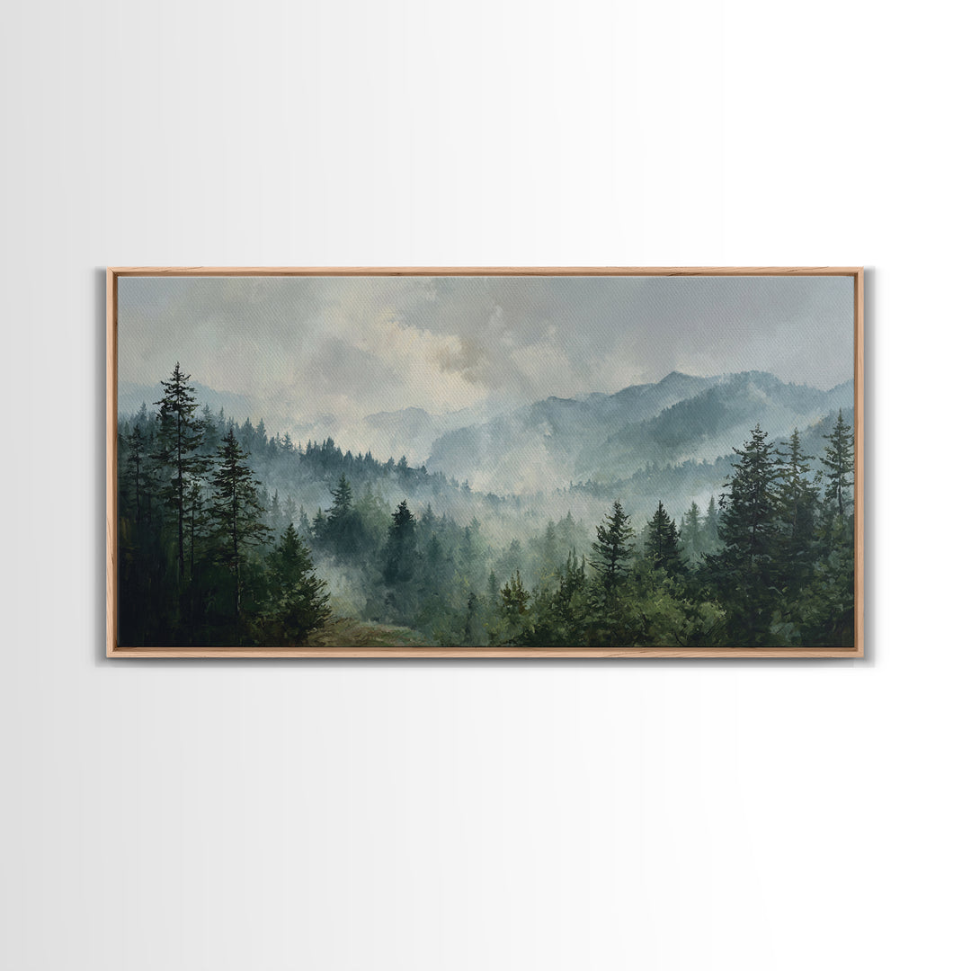 Calm Misty Forest Panorama Framed Canvas Print, Master Bedroom, Printable Art, Bedroom Decor, Sanctuary, Wall Art Bedroom, MAS-2x1-72