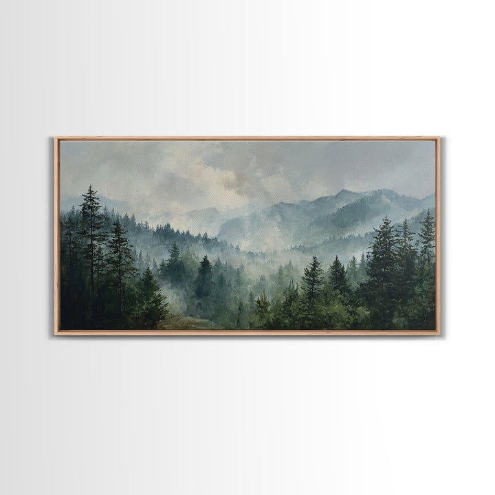 Calm Misty Forest Panorama Framed Canvas Print, Master Bedroom, Printable Art, Bedroom Decor, Sanctuary, Wall Art Bedroom, MAS-2x1-72
