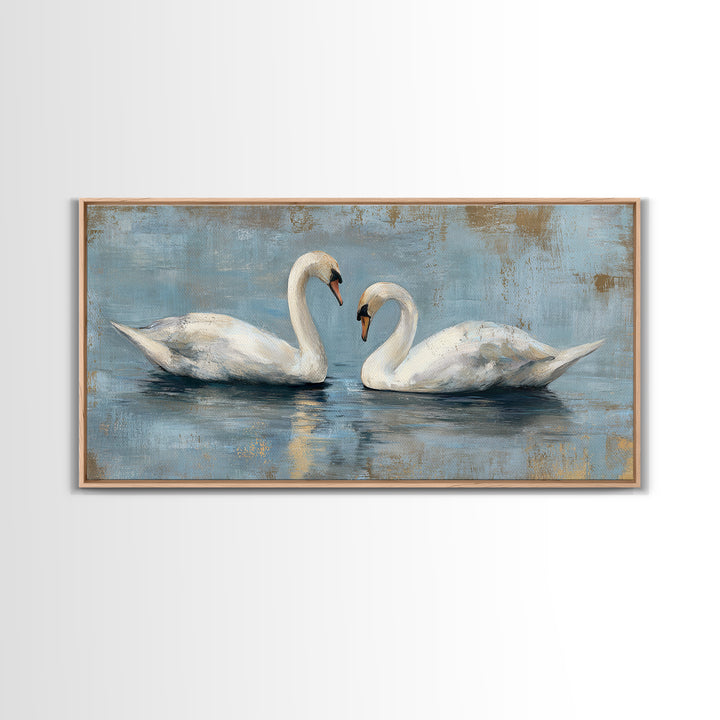 Romantic Swan Pair on Dark Water Framed Canvas Print, Master Bedroom, Art Print, Bedroom Decor, Sanctuary, Above Bed Decor, MAS-2x1-83