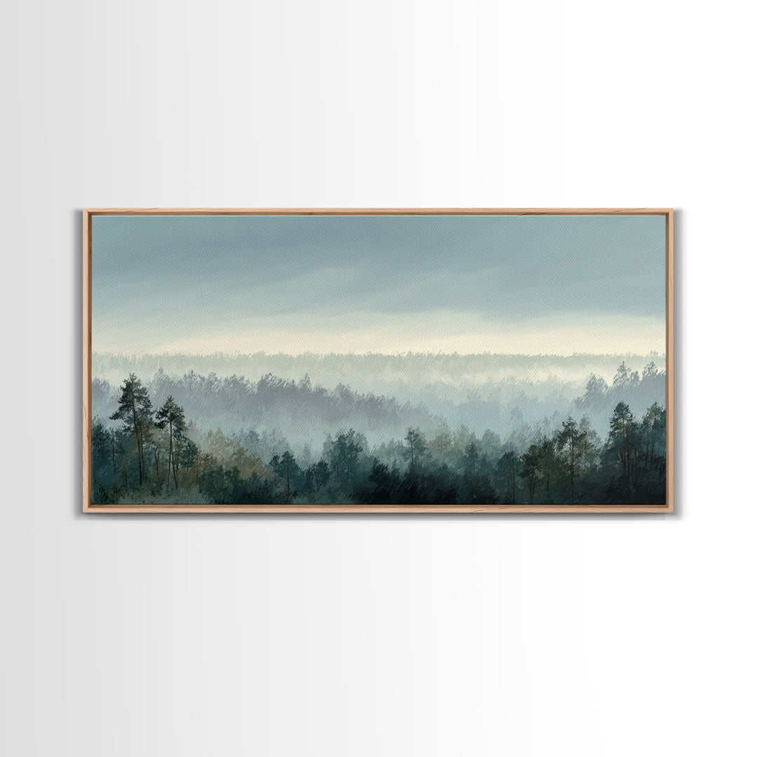 Calm Misty Forest Panorama Framed Canvas Print, Master Bedroom, Wall Decor Bedroom, Bedroom Decor, Fine Art, Sanctuary, MAS-2x1-96