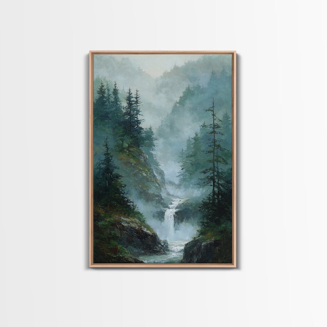 Peaceful Waterfall in Misty Green Forest Framed Canvas Print, Master Bedroom, Room Decor, Bedroom Decor, Fine Art, Sanctuary, MAS-2x3-3