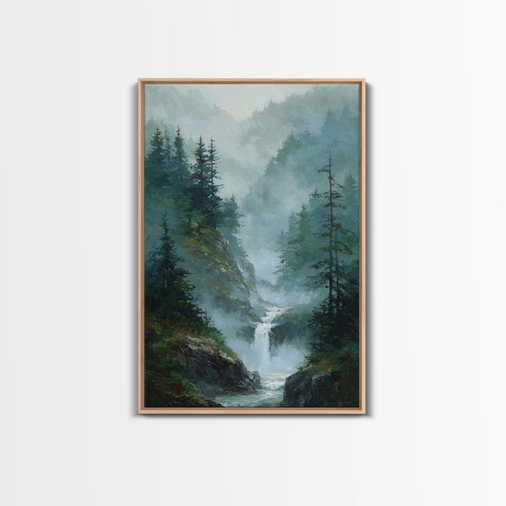 Peaceful Waterfall in Misty Green Forest Framed Canvas Print, Master Bedroom, Room Decor, Bedroom Decor, Fine Art, Sanctuary, MAS-2x3-3