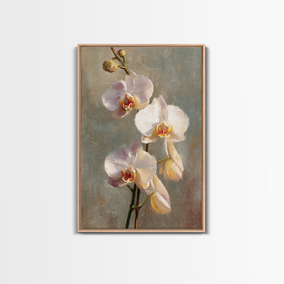 White Orchids Against Warm Gray Background Framed Canvas Print, Master Bedroom, Canvas Print, Bedroom Decor, Abstract Art, MAS-2x3-41