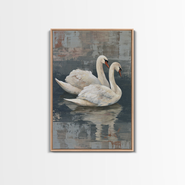 Romantic Swan Pair on Dark Water Framed Canvas Print, Master Bedroom, Canvas Print, Bedroom Decor, Abstract Art, Sanctuary, MAS-2x3-47