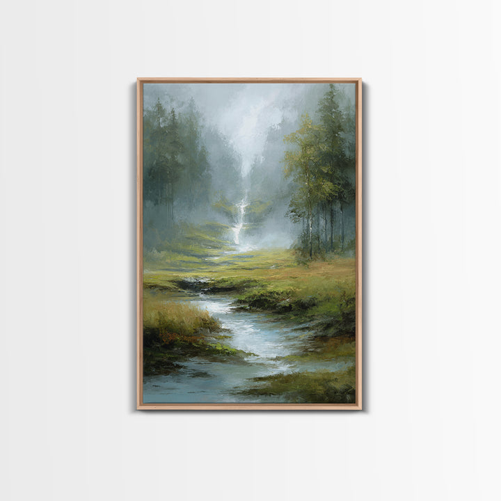 Peaceful Waterfall in Misty Green Forest Framed Canvas Print, Master Bedroom, Wedding Decor, Bedroom Decor, Fine Art, Sanctuary, MAS-2x3-51
