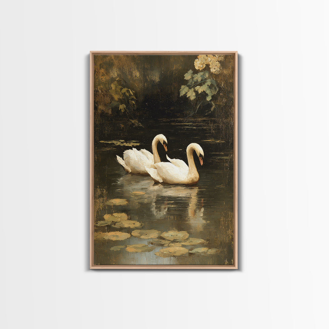 Romantic Swan Pair on Dark Water Canvas Print, Master Bedroom, Over Bed Wall Art, Bedroom Decor, Oil Painting, Sanctuary, MAS-2x3-95