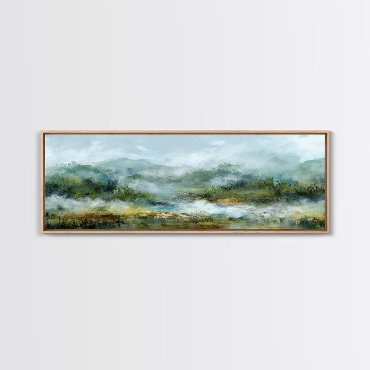 Peaceful Waterfall in Misty Green Forest Canvas Print, Master Bedroom, Minimalist Decor, Bedroom Decor, Oil Painting, Sanctuary, MAS-3x1-35