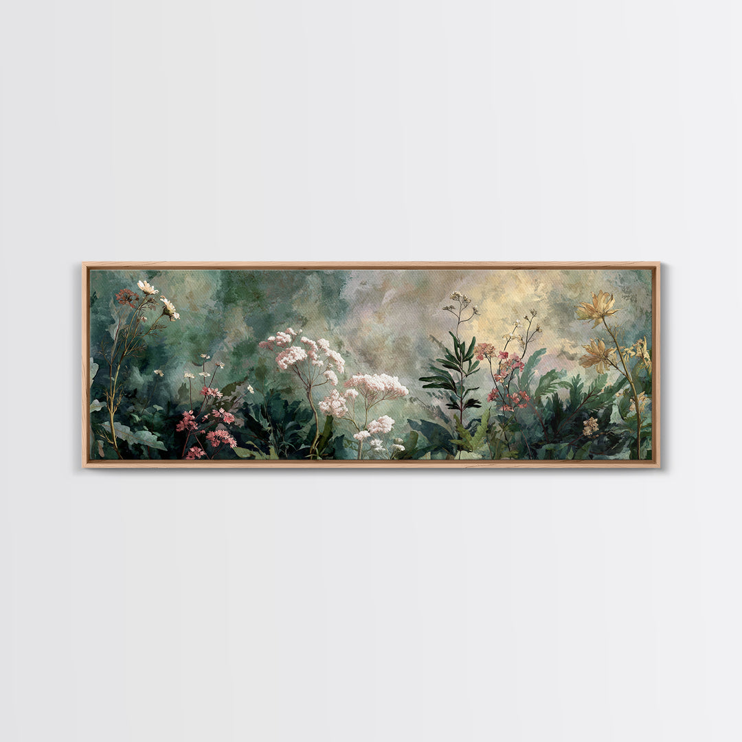 Dreamy Celestial Moon and Botanical Composition Framed Canvas Print, Master Bedroom, Bedroom Decor, Oil Painting, Sanctuary, MAS-3x1-51