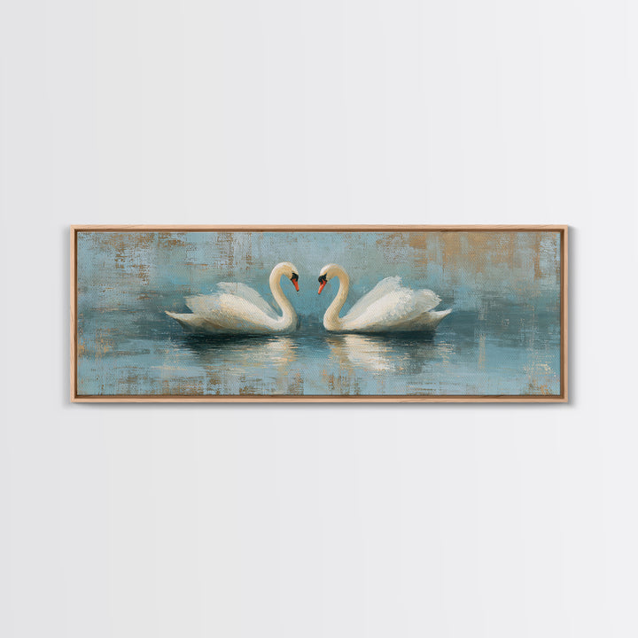 Romantic Swan Pair on Dark Water Framed Canvas Print, Master Bedroom, Art Print, Bedroom Decor, Sanctuary, Above Bed Decor, MAS-3x1-55