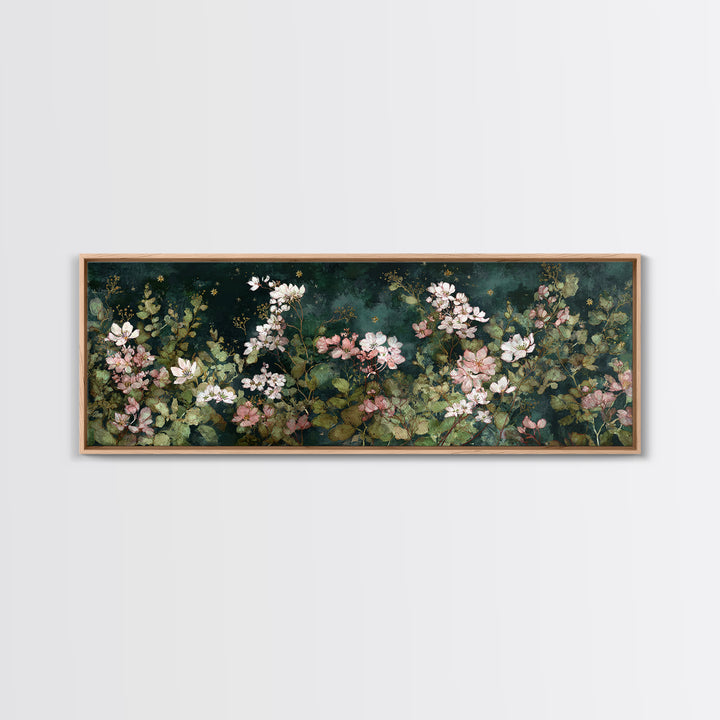 Night Garden with Pale Flowers and Stars Framed Canvas Print, Master Bedroom, Bedroom Decor, Watercolor Art, Sanctuary, MAS-3x1-63