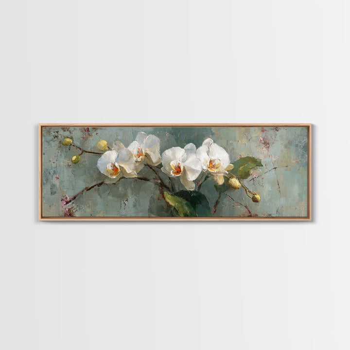 White Orchids Against Warm Gray Background Framed Canvas Print, Master Bedroom, Neutral Decor, Bedroom Decor, Sanctuary, MAS-3x1-73