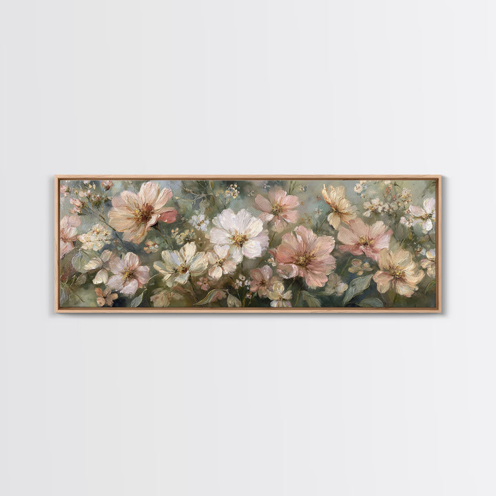 Night Garden with Pale Flowers and Stars Framed Canvas Print, Master Bedroom, Farmhouse Decor, Bedroom Decor, Sanctuary, MAS-3x1-87