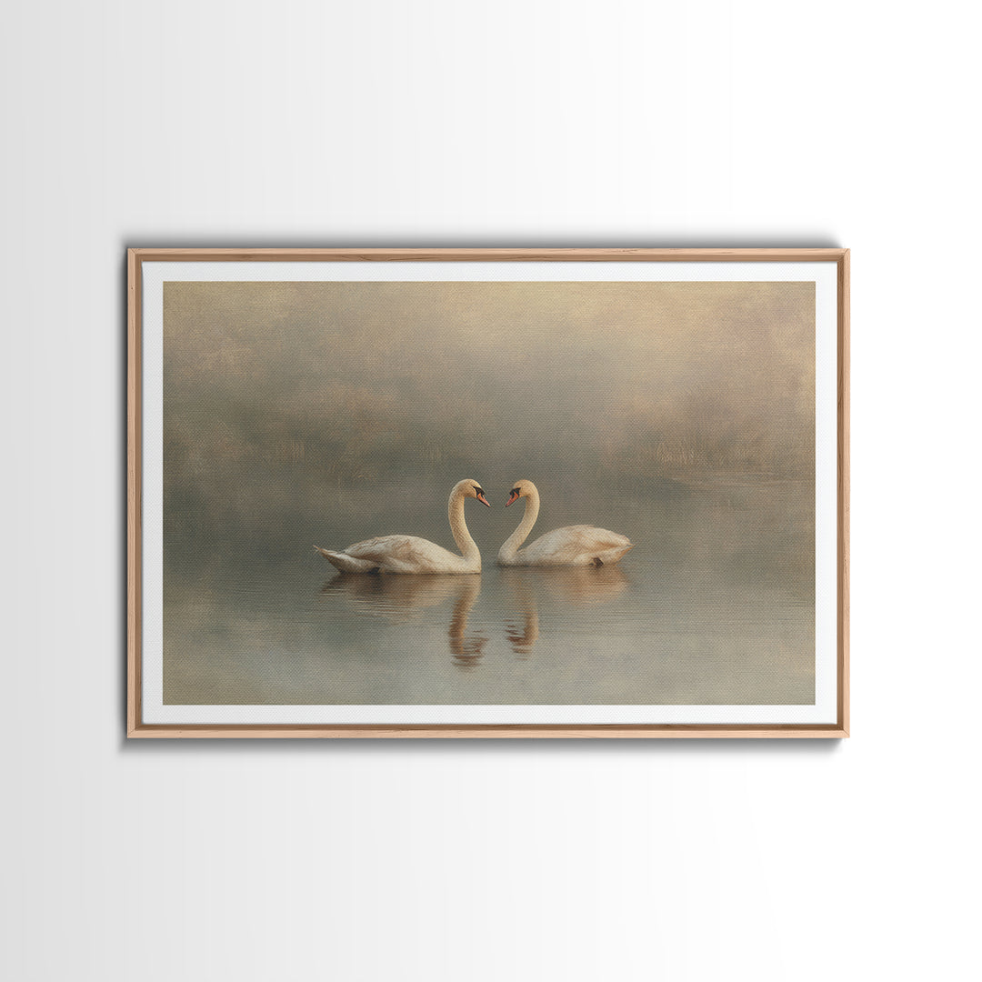 Romantic Swan Pair on Dark Water Framed Canvas Print, Master Bedroom, Statement Artwork, Bedroom Decor, Fine Art, Sanctuary, MAS-3x2-19