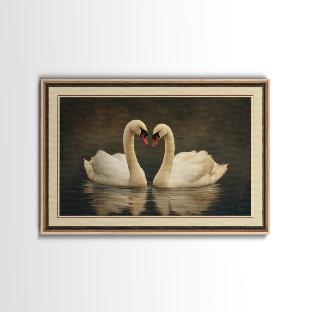 Romantic Swan Pair on Dark Water Canvas Print, Master Bedroom, Wall Decal, Bedroom Decor, Watercolor Art, Sanctuary, MAS-3x2-67