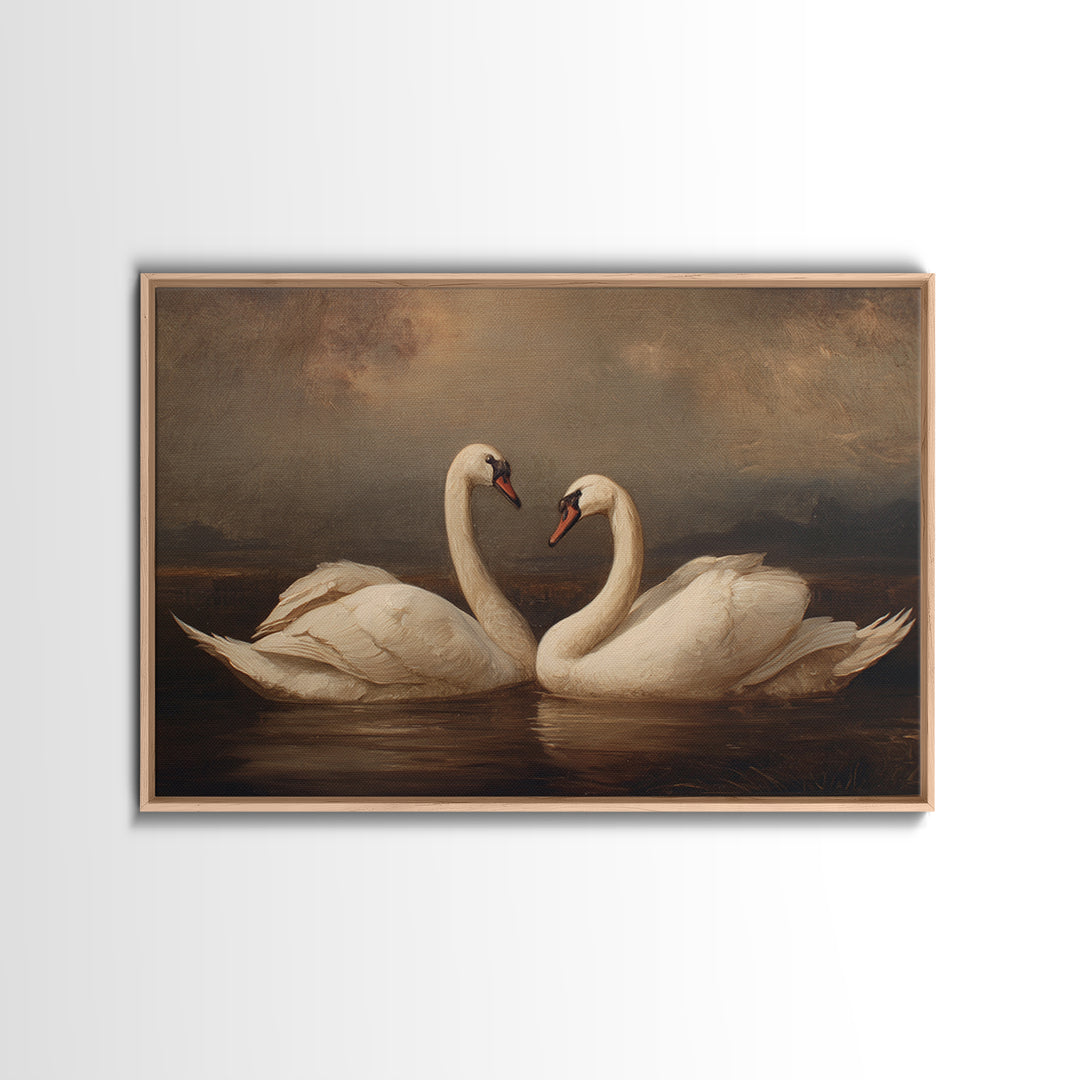 Romantic Swan Pair on Dark Water Framed Canvas Print, Master Bedroom, Farmhouse Wall Decor, Bedroom Decor, Oil Painting, MAS-3x2-91