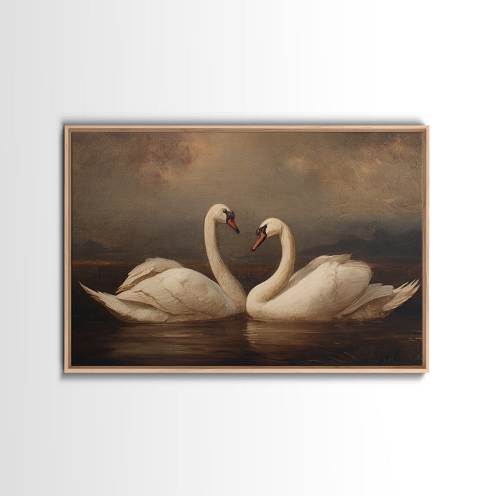 Romantic Swan Pair on Dark Water Framed Canvas Print, Master Bedroom, Farmhouse Wall Decor, Bedroom Decor, Oil Painting, MAS-3x2-91
