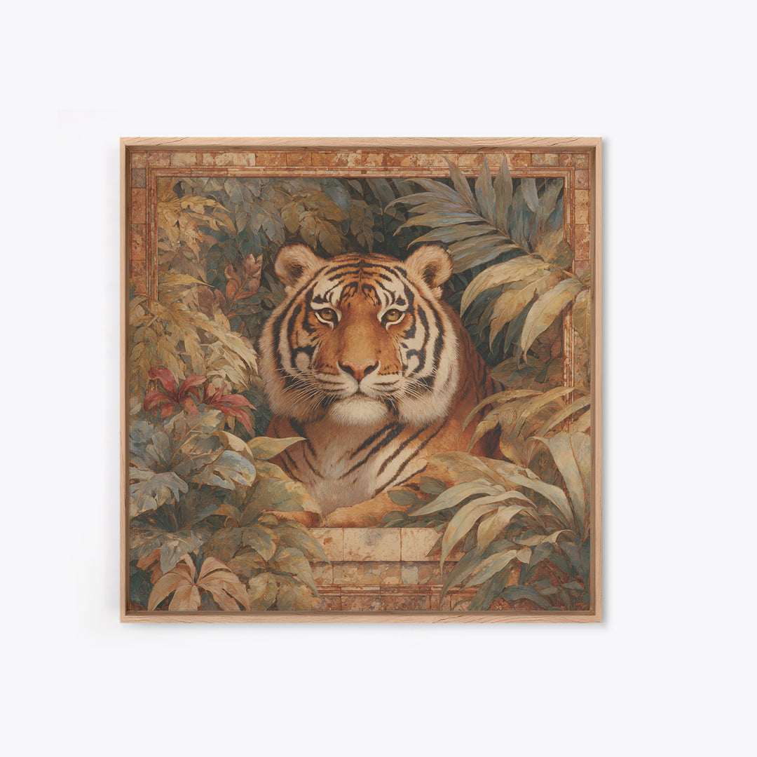 Bold Patterned Tiger Surrounded by Tropical Leaves Canvas Print, Maximalist Art, Moody Wall Art, Living Room Decor, Maximal, MAX-1x1-26