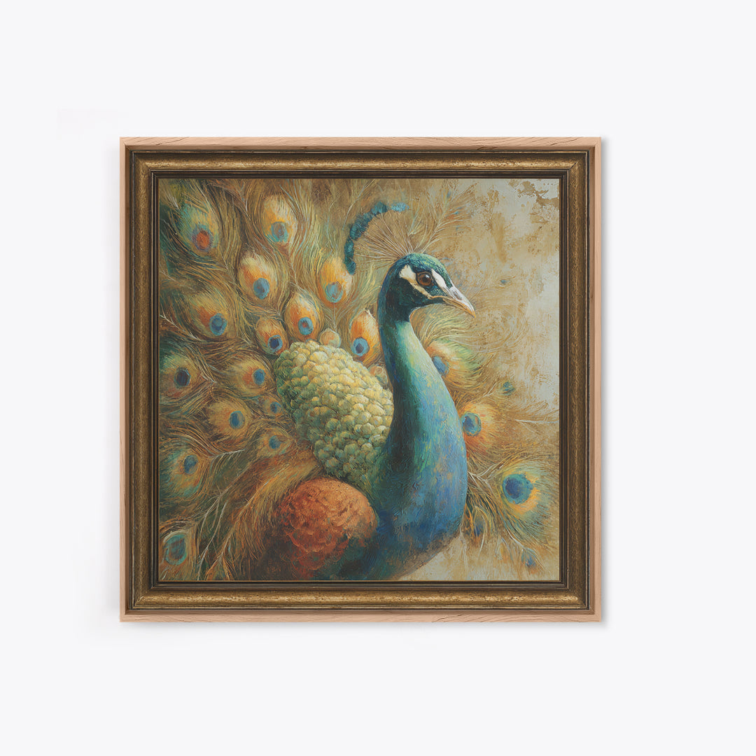Dramatic Peacock with Oversized Feather Pattern Framed Canvas Print, Maximalist Art, Gallery Decor, Living Room Decor, Maximal, MAX-1x1-32