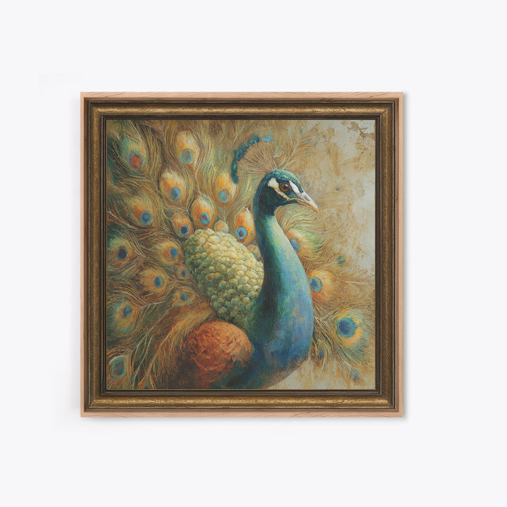 Dramatic Peacock with Oversized Feather Pattern Framed Canvas Print, Maximalist Art, Gallery Decor, Living Room Decor, Maximal, MAX-1x1-32