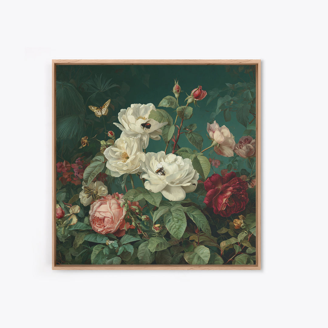 Lush Garden Wall of Roses Palms and Framed Canvas Print, Maximalist Art, Gallery Decor, Living Room Decor, Fine Art, Maximal, MAX-1x1-38