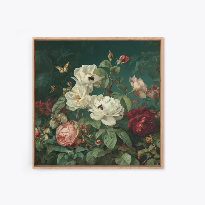 Lush Garden Wall of Roses Palms and Framed Canvas Print, Maximalist Art, Gallery Decor, Living Room Decor, Fine Art, Maximal, MAX-1x1-38