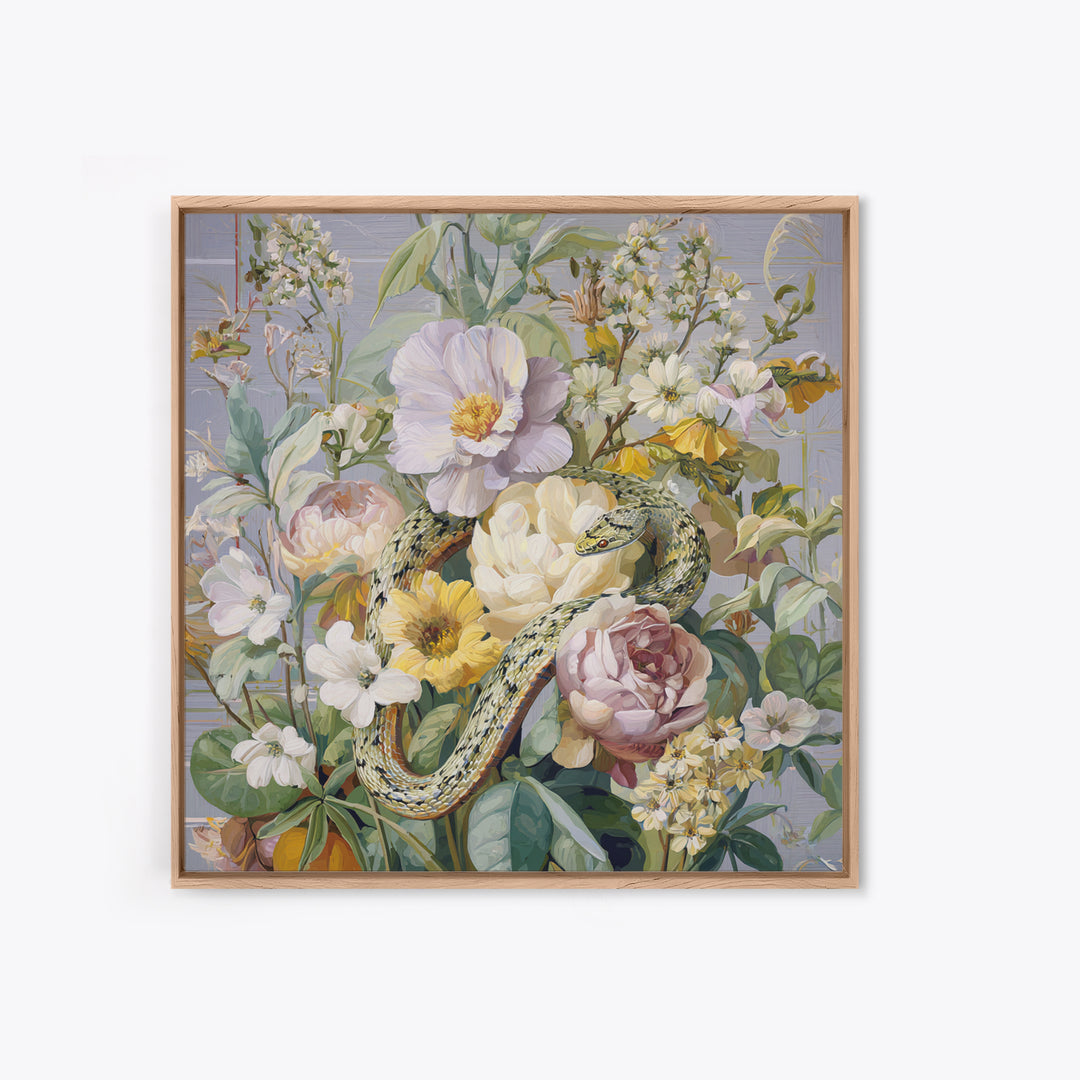 Highly Patterned Snake and Flower Composition Framed Canvas Print, Maximalist Art, Boho Decor, Living Room Decor, Maximal, MAX-1x1-61
