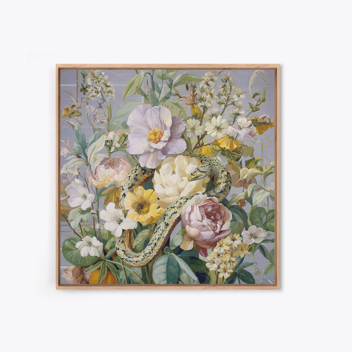 Highly Patterned Snake and Flower Composition Framed Canvas Print, Maximalist Art, Boho Decor, Living Room Decor, Maximal, MAX-1x1-61