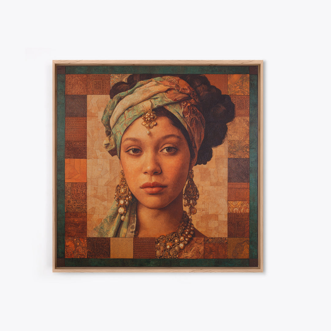 Ornate Portrait with Layered Textiles and Jewels Canvas Print, Maximalist Art, Retro Wall Art, Living Room Decor, Oil Painting, MAX-1x1-76