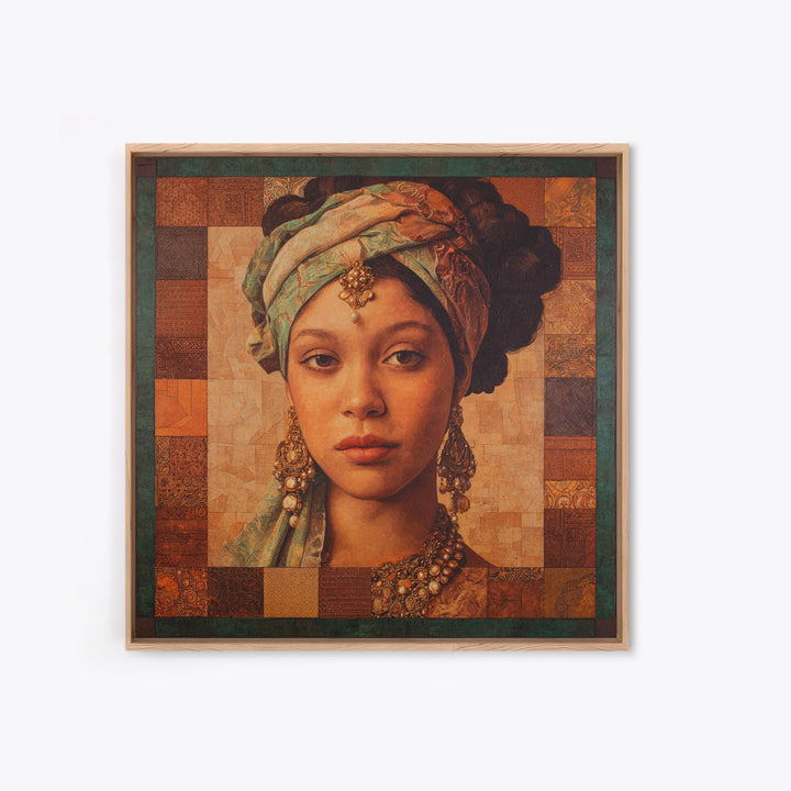 Ornate Portrait with Layered Textiles and Jewels Canvas Print, Maximalist Art, Retro Wall Art, Living Room Decor, Oil Painting, MAX-1x1-76