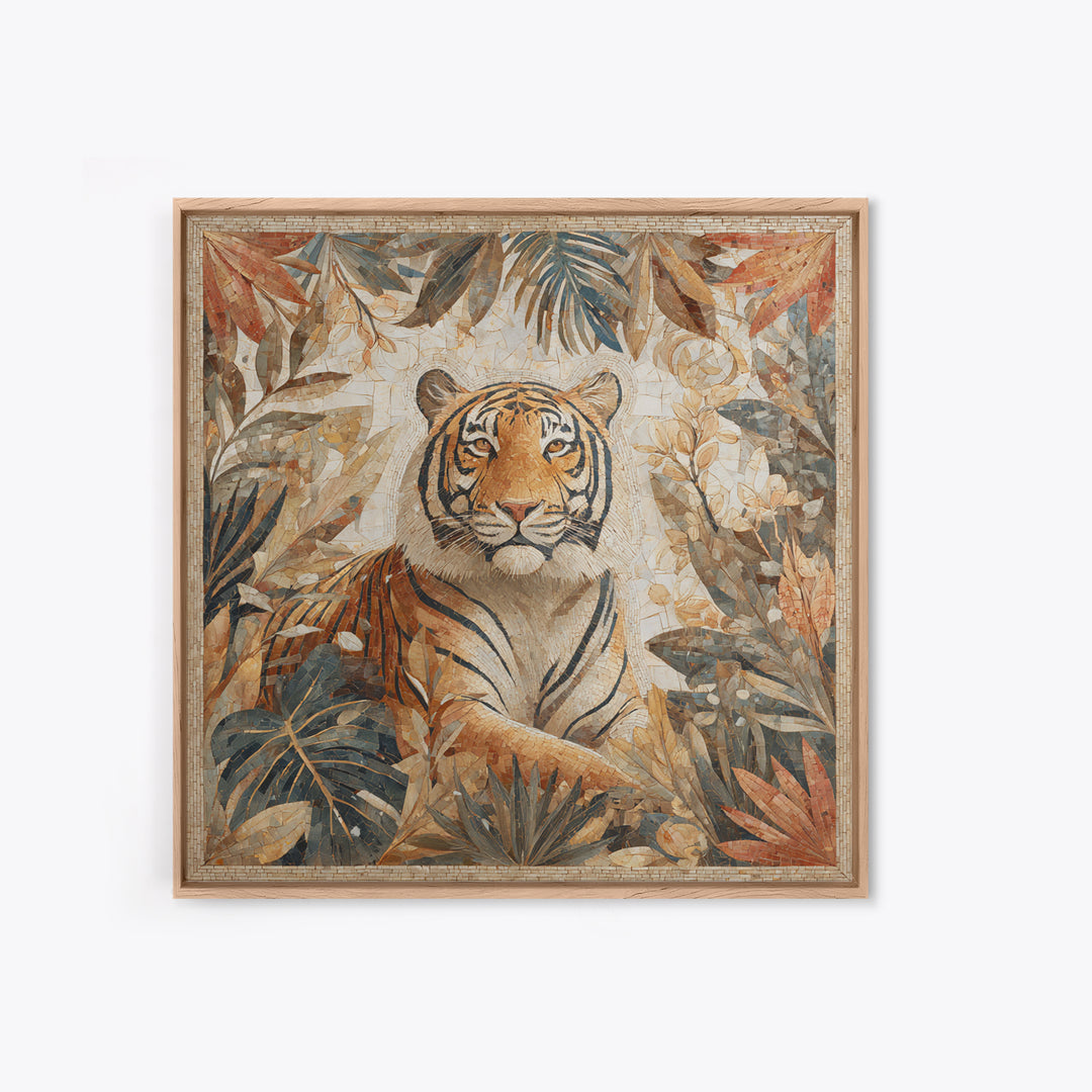 Bold Patterned Tiger Surrounded by Tropical Leaves Canvas Print, Maximalist Art, Textured Painting, Living Room Decor, Maximal, MAX-1x1-98