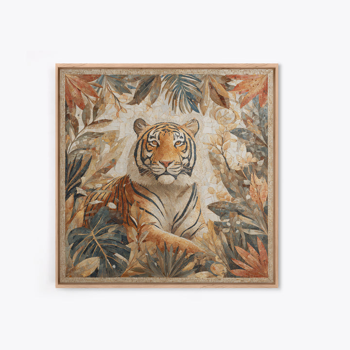 Bold Patterned Tiger Surrounded by Tropical Leaves Canvas Print, Maximalist Art, Textured Painting, Living Room Decor, Maximal, MAX-1x1-98