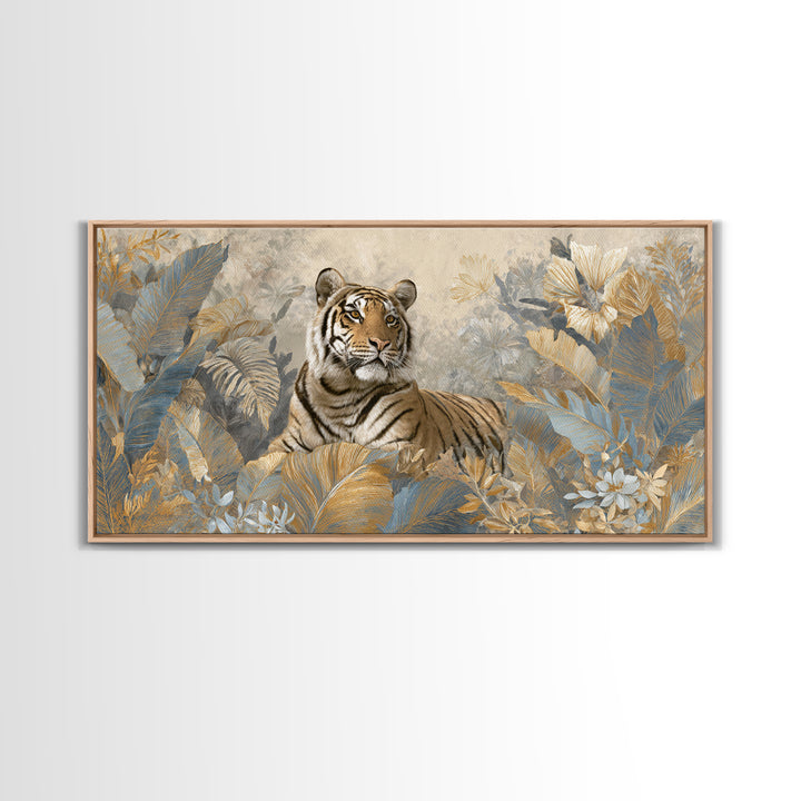 Bold Patterned Tiger Surrounded by Tropical Leaves Canvas Print, Maximalist Art, Textured Painting, Living Room Decor, Maximal, MAX-2x1-22