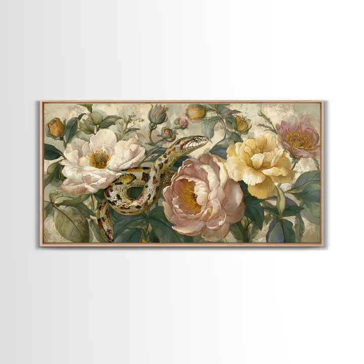 Highly Patterned Snake and Flower Composition Canvas Print, Maximalist Art, Living Room Decor, Maximal, Retro Wall Art, MAX-2x1-33