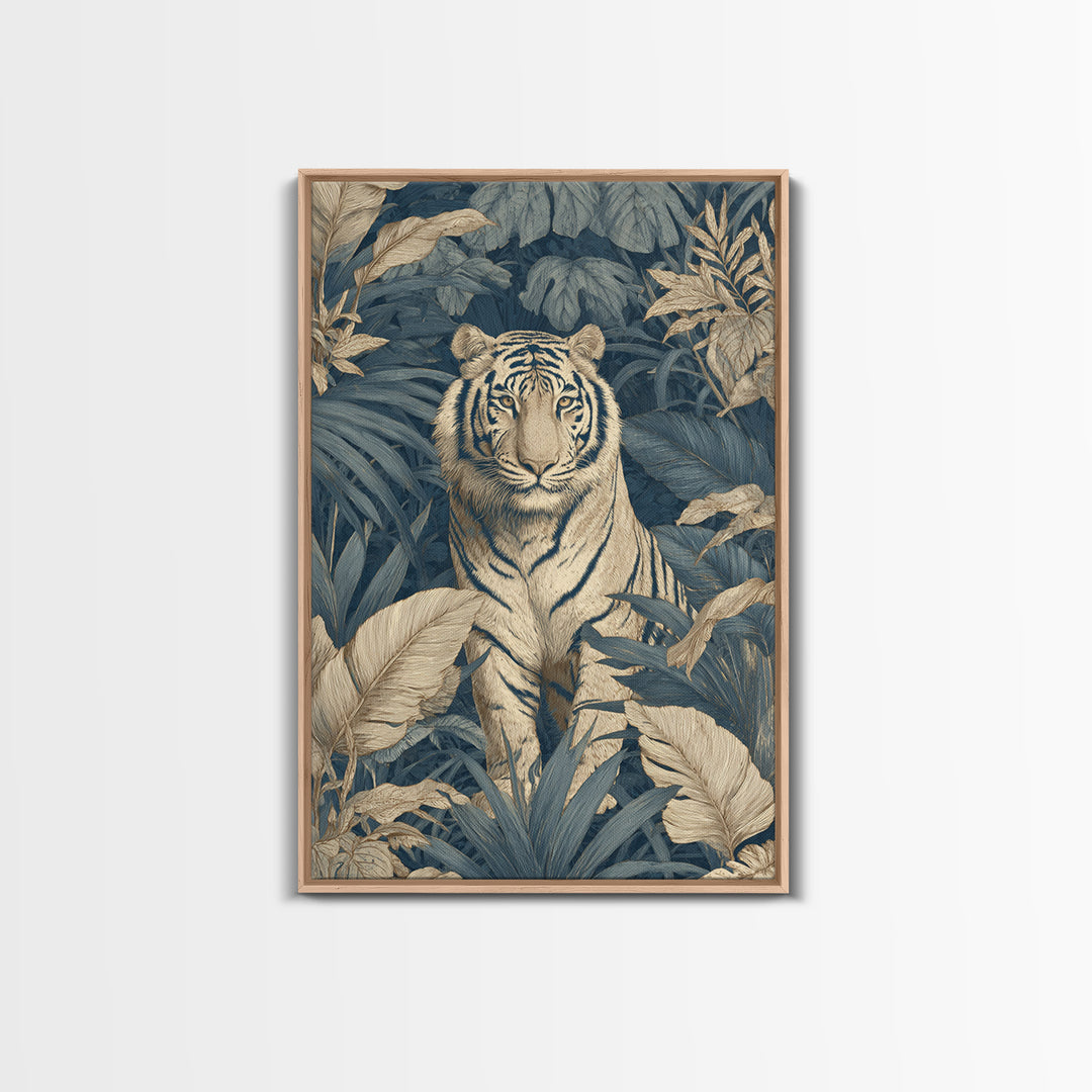 Bold Patterned Tiger Surrounded by Tropical Leaves Framed Canvas Print, Maximalist Art, Art Print, Living Room Decor, Maximal, MAX-2x3-34
