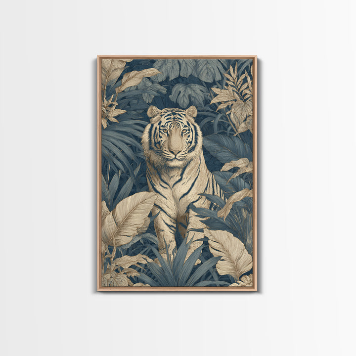 Bold Patterned Tiger Surrounded by Tropical Leaves Framed Canvas Print, Maximalist Art, Art Print, Living Room Decor, Maximal, MAX-2x3-34