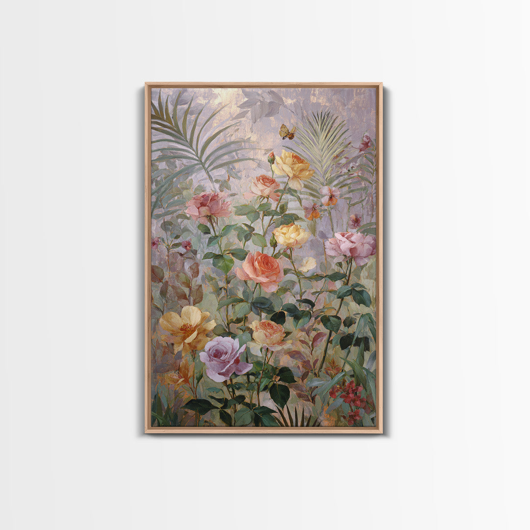 Lush Garden Wall of Roses Palms and Framed Canvas Print, Maximalist Art, Wall Decor, Living Room Decor, Fine Art, Maximal, MAX-2x3-46