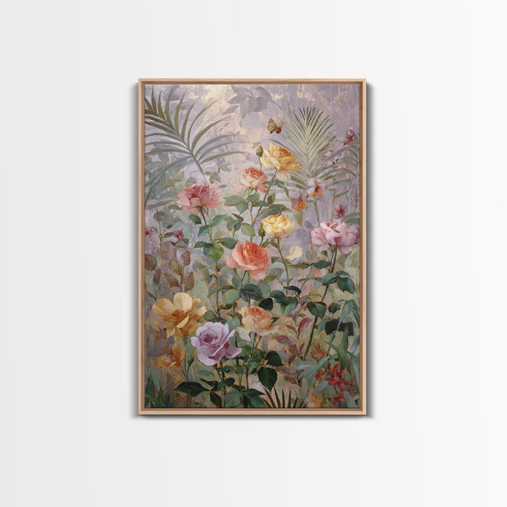Lush Garden Wall of Roses Palms and Framed Canvas Print, Maximalist Art, Wall Decor, Living Room Decor, Fine Art, Maximal, MAX-2x3-46