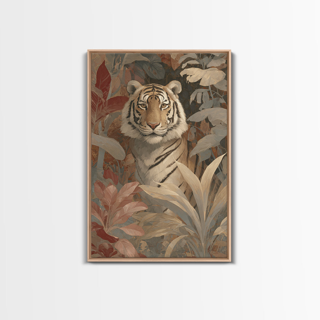 Bold Patterned Tiger Surrounded by Tropical Leaves Canvas Print, Maximalist Art, Art Nouveau, Living Room Decor, Maximal, MAX-2x3-58