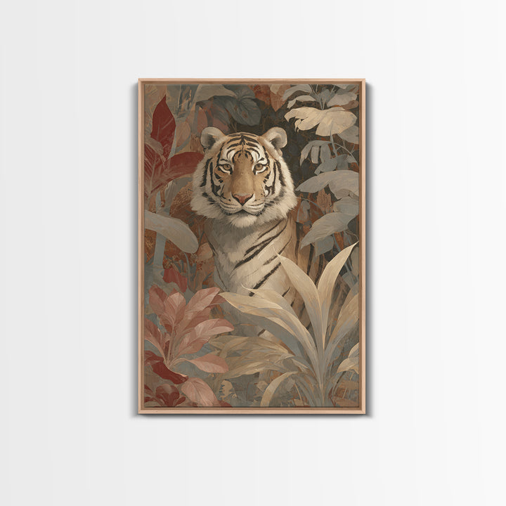 Bold Patterned Tiger Surrounded by Tropical Leaves Canvas Print, Maximalist Art, Art Nouveau, Living Room Decor, Maximal, MAX-2x3-58