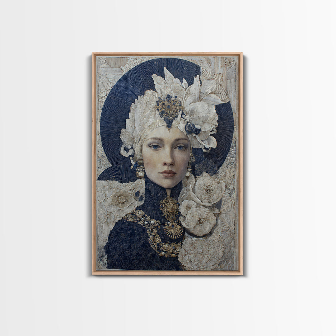 Ornate Portrait with Layered Textiles and Jewels Framed Canvas Print, Maximalist Art, Modern Decor, Living Room Decor, Maximal, MAX-2x3-84