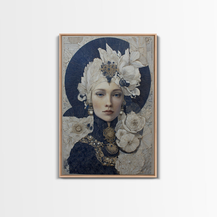 Ornate Portrait with Layered Textiles and Jewels Framed Canvas Print, Maximalist Art, Modern Decor, Living Room Decor, Maximal, MAX-2x3-84