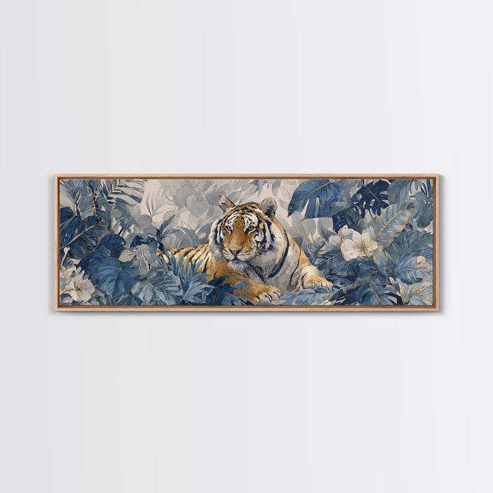 Bold Patterned Tiger Surrounded by Tropical Leaves Canvas Print, Maximalist Art, Playroom Decor, Living Room Decor, Maximal, MAX-3x1-90