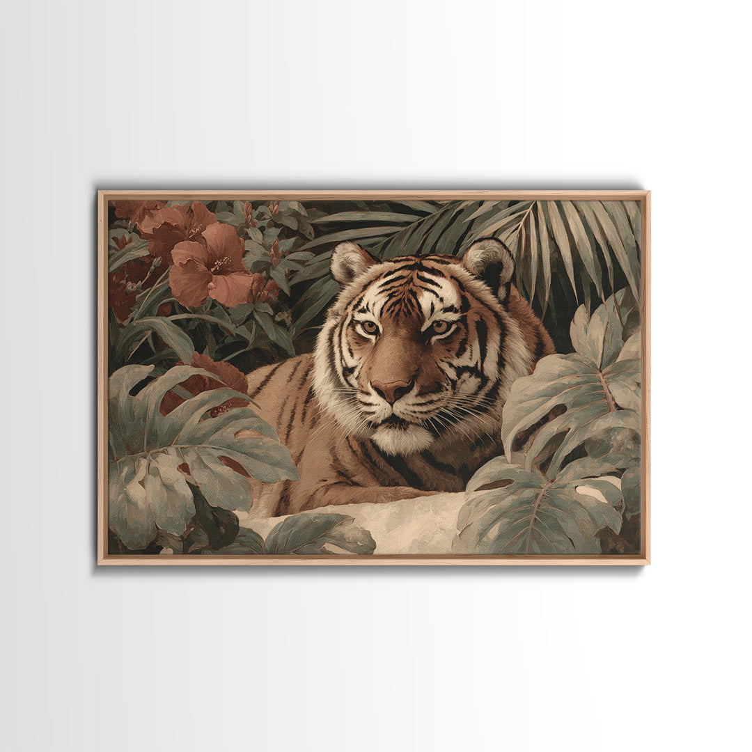 Bold Patterned Tiger Surrounded by Tropical Leaves Canvas Print, Maximalist Art, Modern Wall Art, Living Room Decor, Maximal, MAX-3x2-30