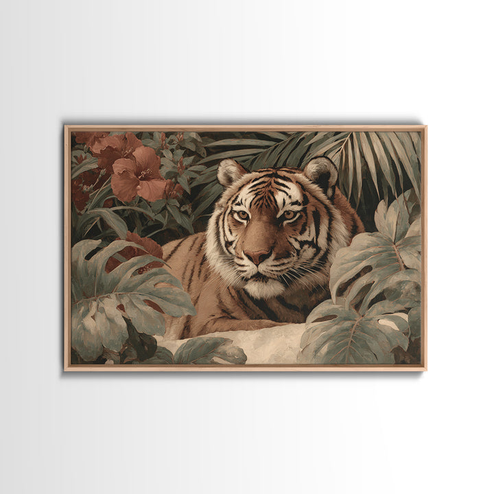Bold Patterned Tiger Surrounded by Tropical Leaves Canvas Print, Maximalist Art, Modern Wall Art, Living Room Decor, Maximal, MAX-3x2-30