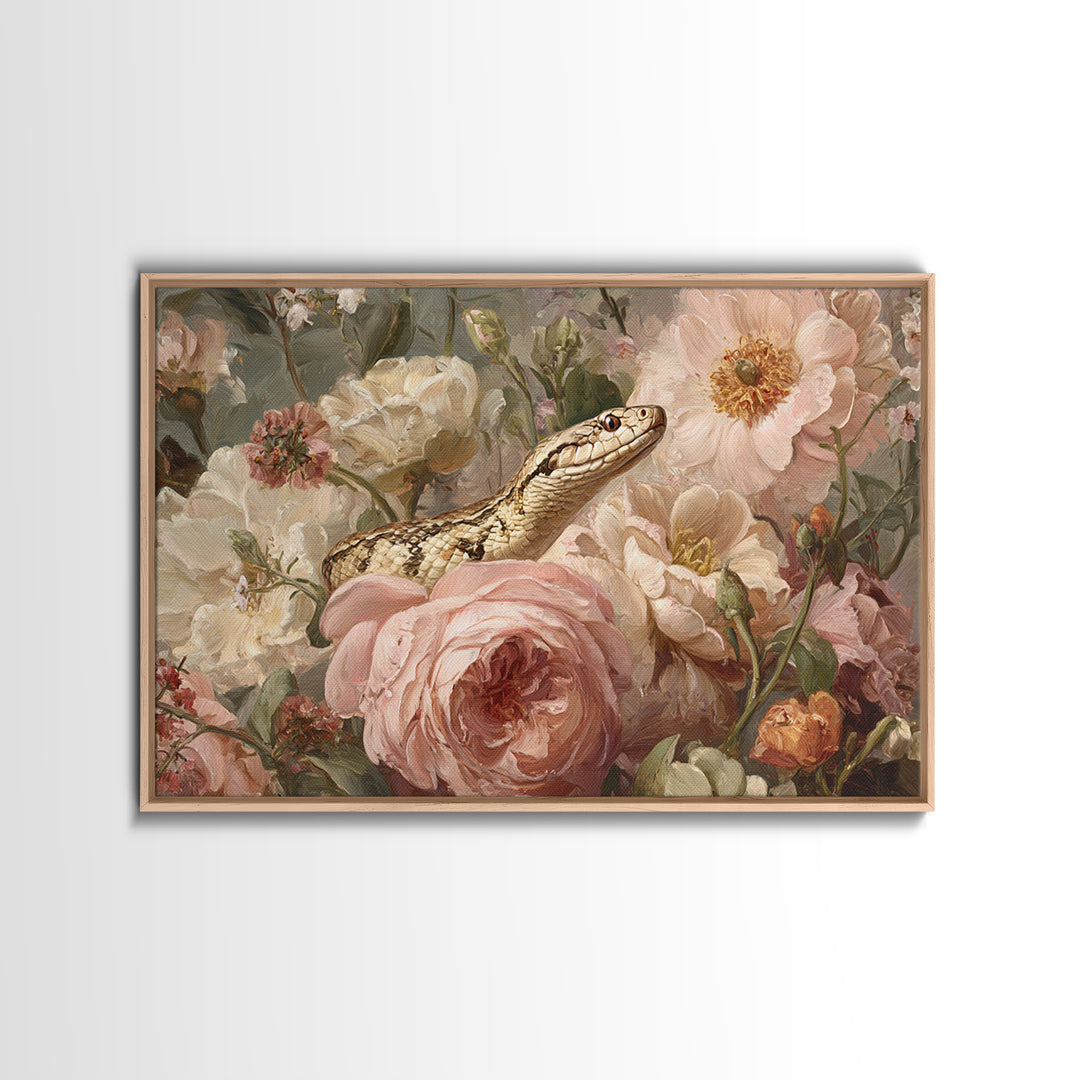Highly Patterned Snake and Flower Composition Framed Canvas Print, Maximalist Art, Trendy Wall Art, Living Room Decor, Maximal, MAX-3x2-41