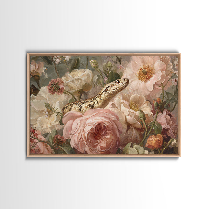 Highly Patterned Snake and Flower Composition Framed Canvas Print, Maximalist Art, Trendy Wall Art, Living Room Decor, Maximal, MAX-3x2-41