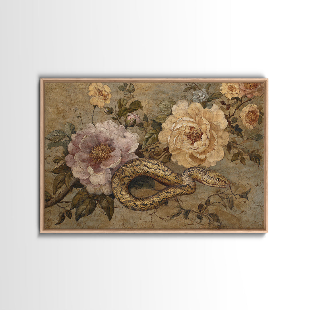 Highly Patterned Snake and Flower Composition Framed Canvas Print, Maximalist Art, Trendy Wall Art, Living Room Decor, Maximal, MAX-3x2-65