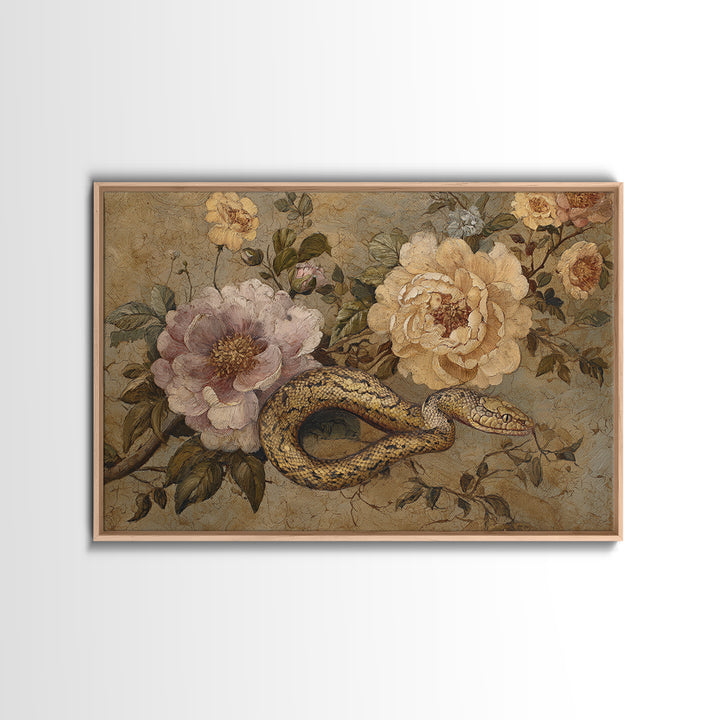 Highly Patterned Snake and Flower Composition Framed Canvas Print, Maximalist Art, Trendy Wall Art, Living Room Decor, Maximal, MAX-3x2-65