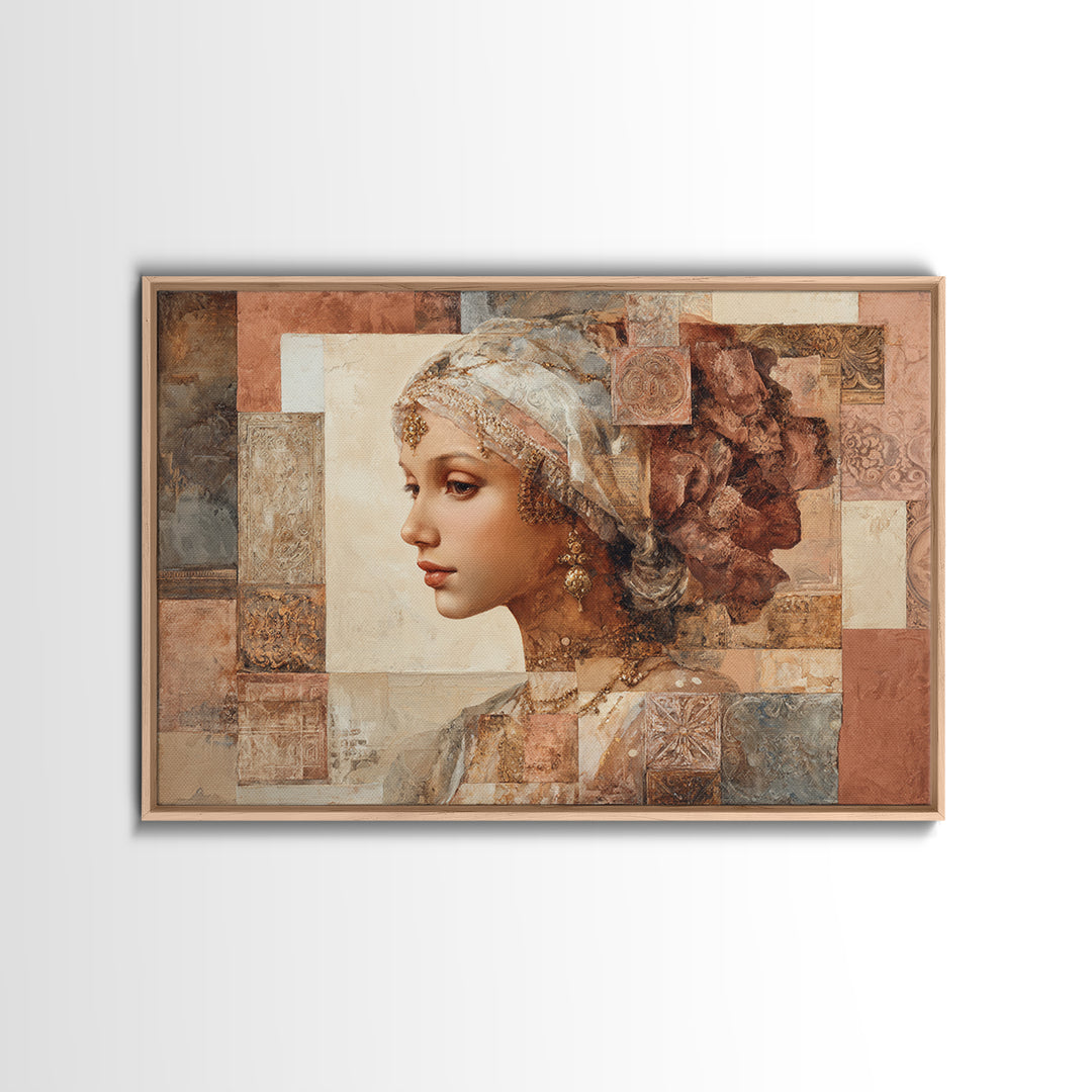 Ornate Portrait with Layered Textiles and Jewels Framed Canvas Print, Maximalist Art, Home Decor, Living Room Decor, Maximal, MAX-3x2-80