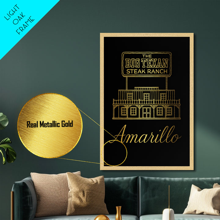Amarillo Texas Travel, Metallic Gold Art, Wood Framed Art, Metal Art, Modern Skyline Wall Print, Newlywed Travel Gift